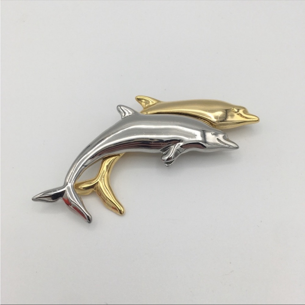 Liz Claiborne Dolphin Brooch Pin Gold Silver Tone Mixed Metals Vintage